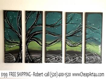 Image of 5 green tree paintings