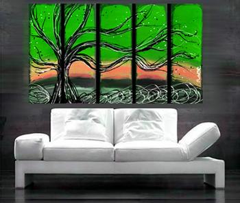 Image of 5 Green Tree Paintings Neon Green
