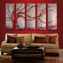 Image of 5 Metallic Silver Red Cherry Tree Abstract Paintings Silver